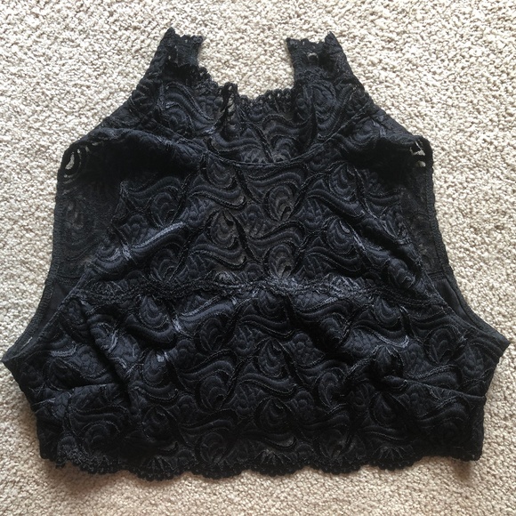BEBE Mock Turtle Black Lace Cropped Top Open Back - Picture 4 of 6